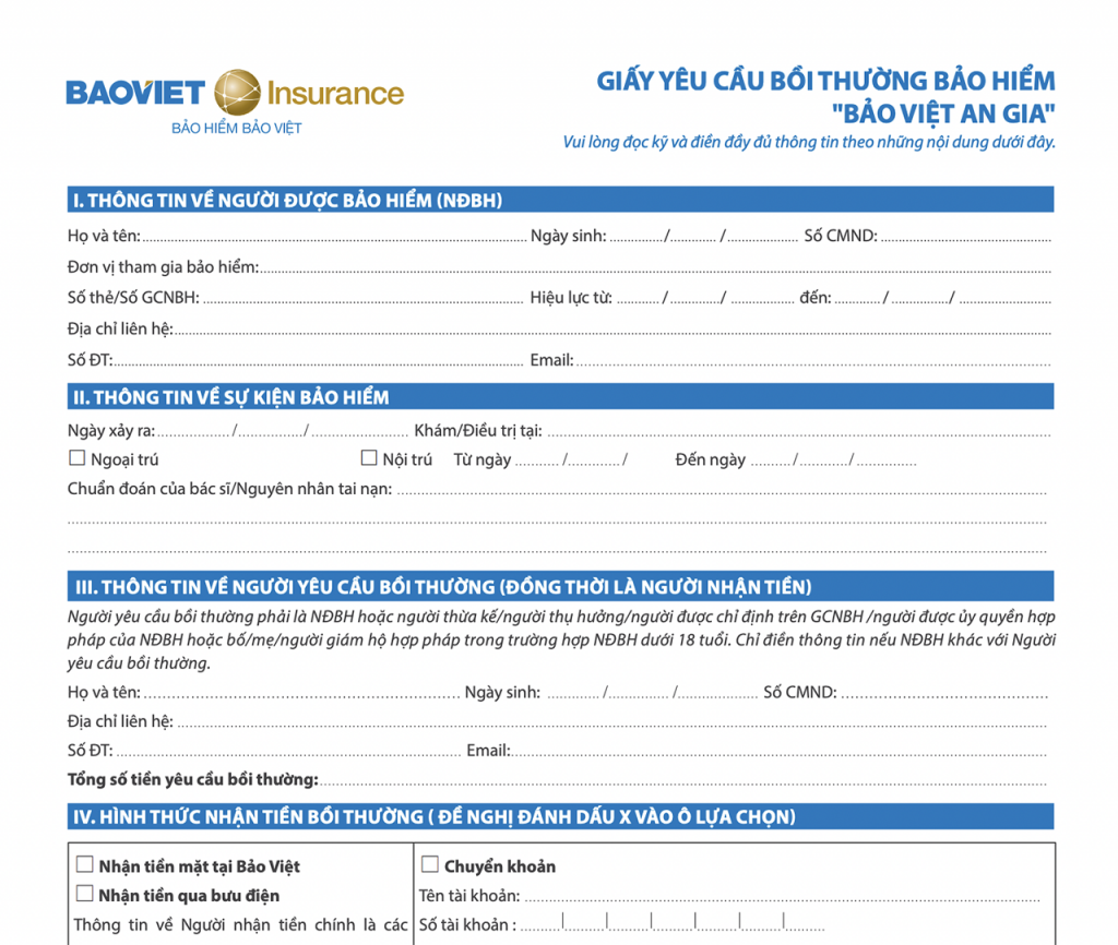 Giấy yêu cầu trả tiền Bảo Hiểm Bảo Việt